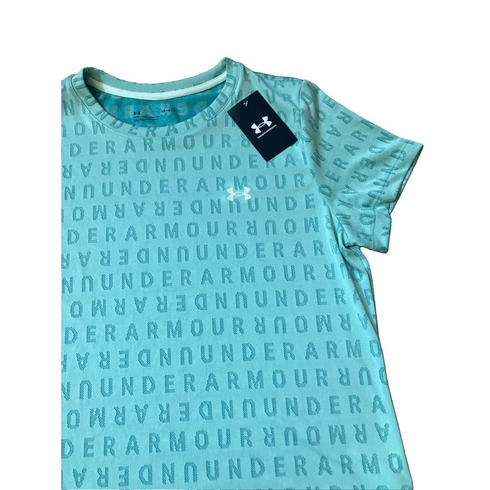New Under Armour Woman's Spellout T-Shirt Teal Graphic Loose Fit Short Sleeve L